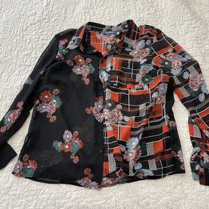 ModCloth Sheer Floral Button Down Blouse Red and Block Large